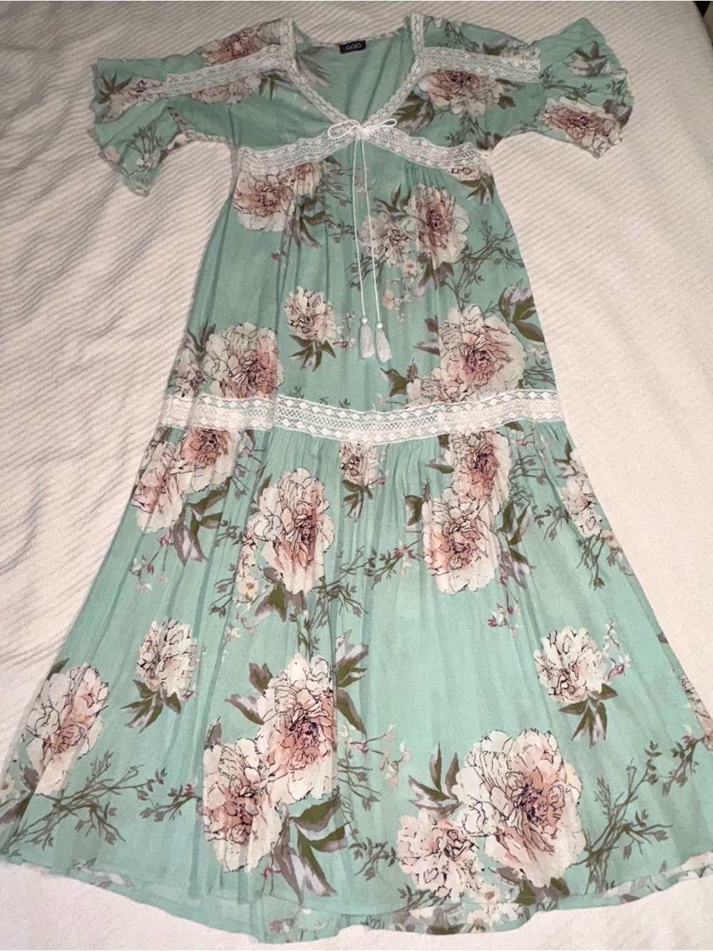 GiGiO Mint Green Floral Lace Maxi Boho Dress Women’s L